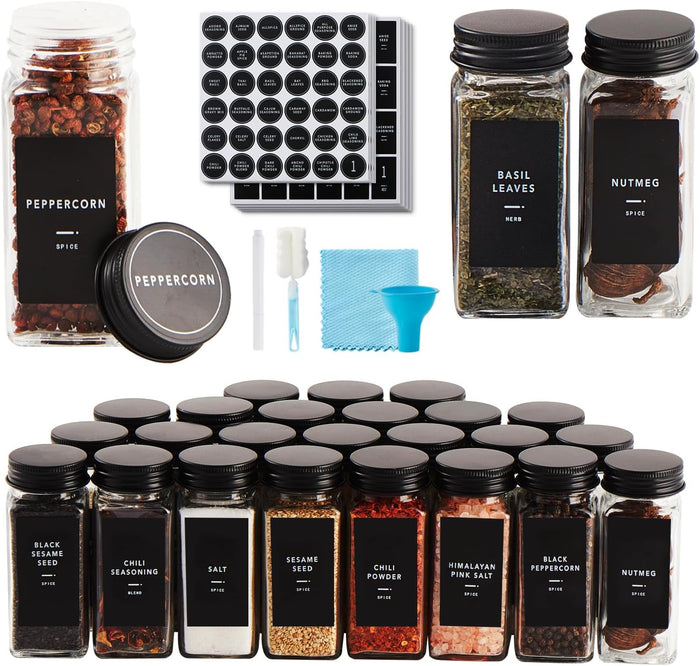 25 Pcs Spice Jars with Label- Glass Spice Jars with Black Metal Caps,Shaker Lids, Funnel, Chalk Pen, Brush,Cleaning Cloth 4oz Seasoning Containers Bottles for Spice Rack, Cabinet, Drawer