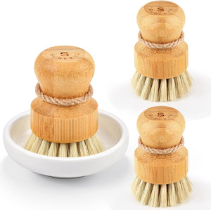 Kitchen Wooden Cleaning Scrubbers Set for Washing Cast Iron Pan/Pot, Natural Sisal Bristles, Set of 3