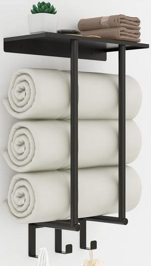 Bathroom Towel Rack Wall Mounted with Metal Shelf and 3 Hooks for Small Bathroom, Black, Round Tube