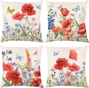 4 Pcs Red Poppy Floral Pillow Covers Spring Summer Fall Vintage Decorative Rustic Farmhouse Thorw Pillow Covers