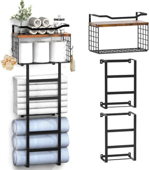 Towel Rack Wall Mounted with 2 Pack Towel Shelf and a Wire Basket Storage and Organizer, Sturdy Metal & Wood, Black