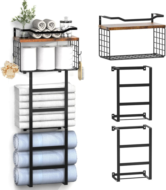 Towel Rack Wall Mounted with 2 Pack Towel Shelf and a Wire Basket Storage and Organizer, Sturdy Metal & Wood, Black