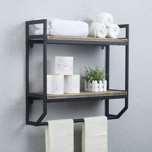 2-Tier Metal Industrial 23.6" Bathroom Shelves Wall Mounted,Rustic Wall Shelf Over Toilet Towel Rack with Towel Bar, Black Brush Silver