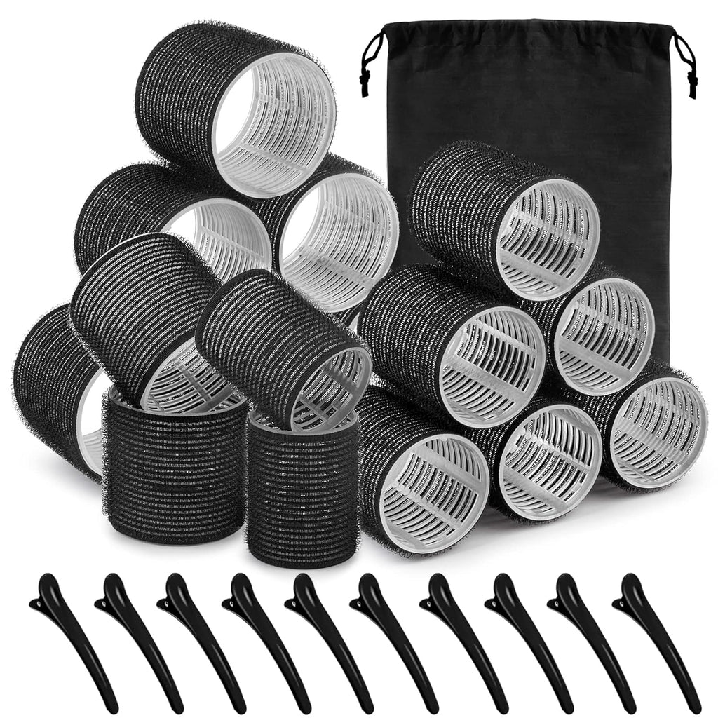 Self grip hair roller set 16 pcs, Heatless hair curlers, 2 Sizes Black Hair Rollers in 1 set