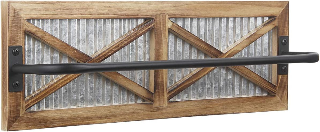 Wall Mounted Towel Bar Holder with Weathered Wood and Corrugated Galvanized Metal, Farmhouse Rack (Towels are not Included)