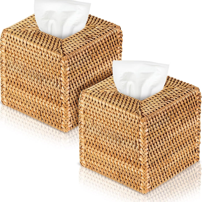 2 Pcs 5.5'' x 5.5'' x 5.5'' Square Rattan Tissue Box Cover Boho Wicker Tissue Cube Box Cover Decorative, Wood