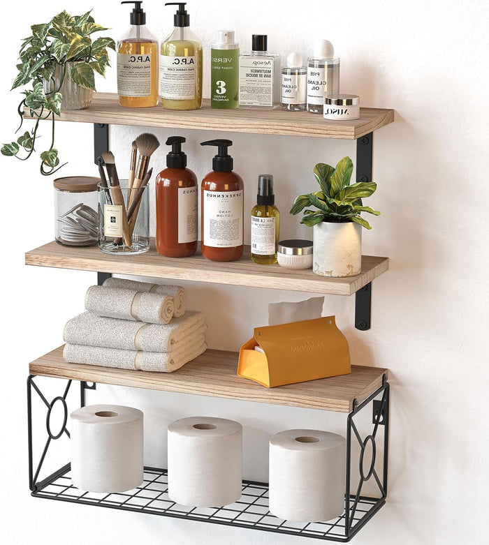 Bathroom Shelves Over Toilet with Storage Basket for Home Organization & Wall Decor, Natural Wood