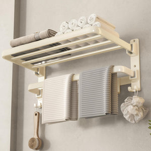 24-Inch Towel Shelf with Towel Bar Foldable Towel Holder with 7 Hooks Towel Storage Organizer, Cream White