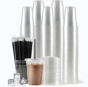 [100 Sets - 12oz Plastic Cups with Lids and Straws, Disposable Cups for Iced Coffee, Smoothie, Milkshake, Cold Drinks - Clear