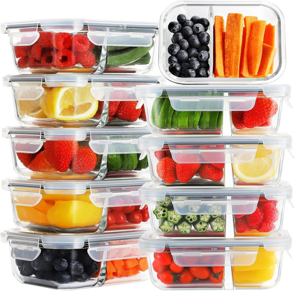 10 Pack Glass Meal Prep Containers 2 Compartment, Food Storage Airtight Glass Lunch Bento Boxes, BPA-Free & Leak Proof (10 lids & 10 Containers) - Grey