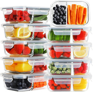 10 Pack Glass Meal Prep Containers 2 Compartment, Food Storage Airtight Glass Lunch Bento Boxes, BPA-Free & Leak Proof (10 lids & 10 Containers) - Grey