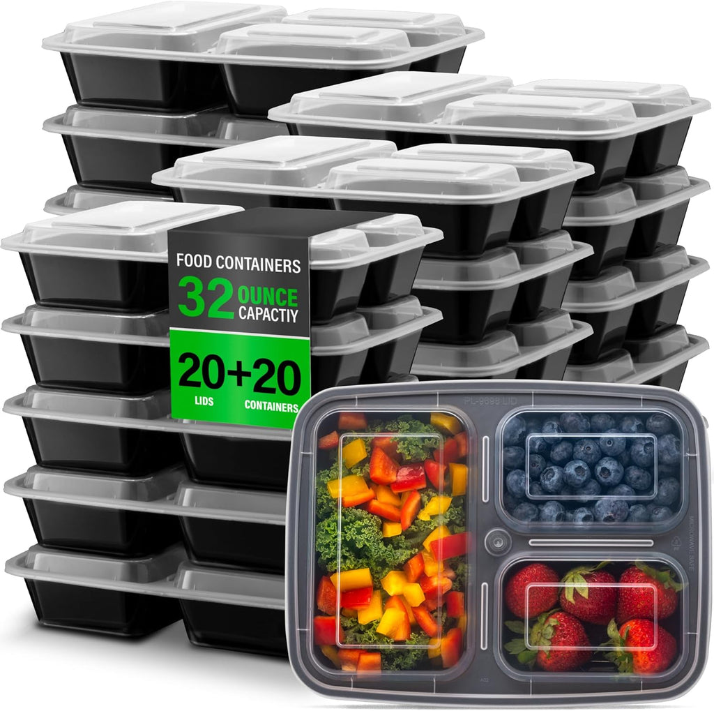 [20 Pack] 32oz 3 Compartment Meal Prep Containers with Lids - Bento Box - Plastic - Stackable, Reusable, Microwaveable & Dishwasher Safe