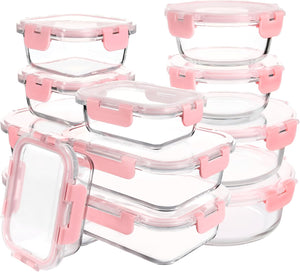 Glass Meal Prep Containers Set of 12 Food Storage Containers for Lunches, Dishwasher Safe, Pink