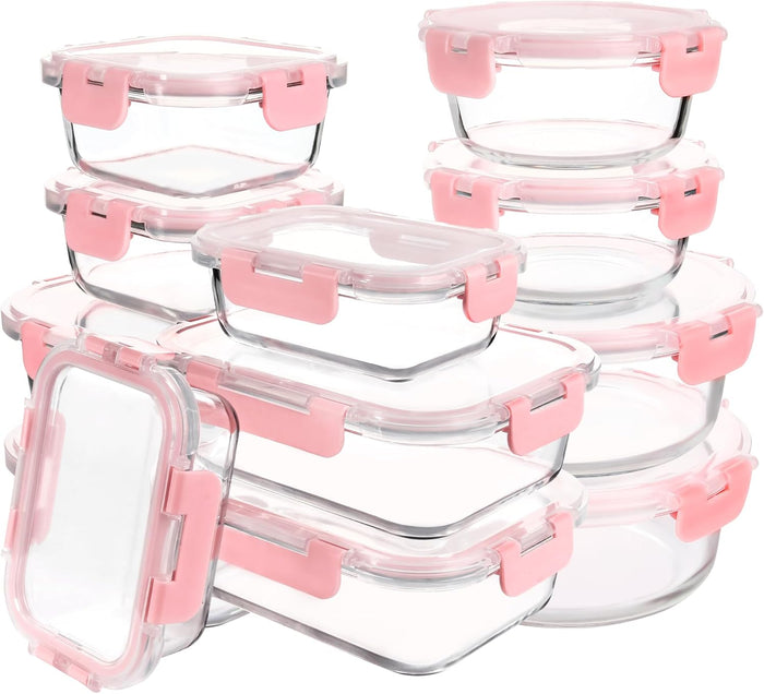 Glass Meal Prep Containers Set of 12 Food Storage Containers for Lunches, Dishwasher Safe, Pink