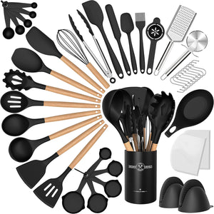 Silicone Cooking Utensils Set, 43Pcs Non-Stick Heat Resistant Kitchen Utensils Spatula Set with Wooden Handle for Baking, Cooking, and Mixing, Best Kitchen Gadgets Tools with Holder (Black)