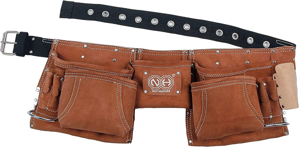 Pouch Utility Bag, Framing Tool Belt Work Apron Suede Leather with 12 Pockets, Dark Brown