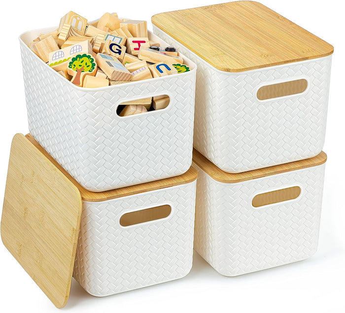 4 Packs Storage Bins with Bamboo Lids for Organizing Desktop Closet Playroom Classroom Office, White