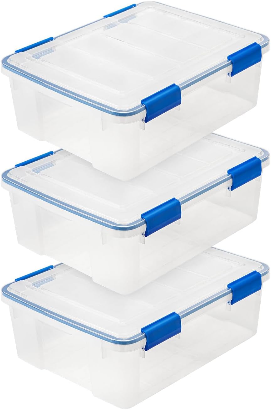 3 Pack 27 Quart Stackable Storage Box with Airtight Gasket Seal Lid, Heavy Duty Containers with Tight Latches, Clear / Blue