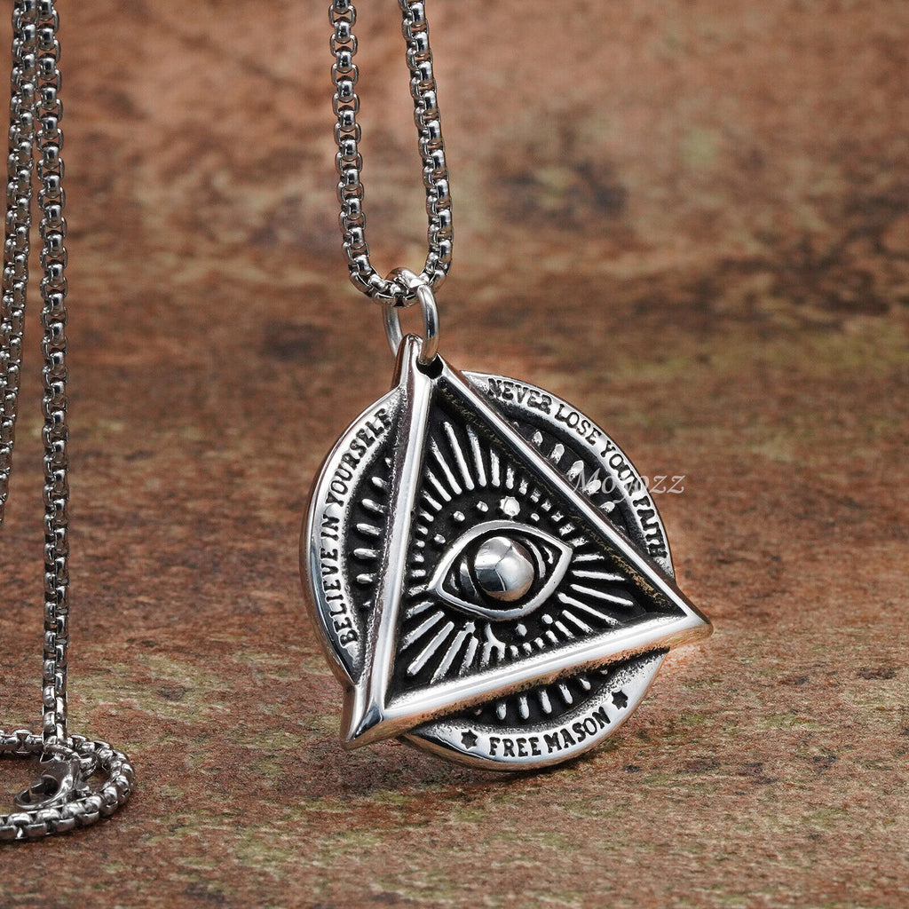 Mens Illuminati Masonic All Seeing Eye Pendant Necklace Stainless Steel Gift