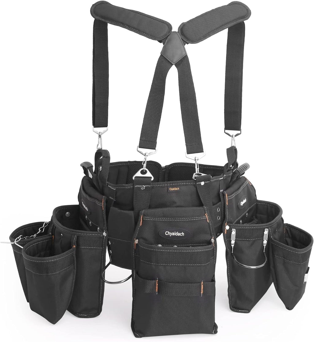 16-Pockets Tool Belts for man with Suspenders, Detachable & Adjustable Tool Pouches Bag