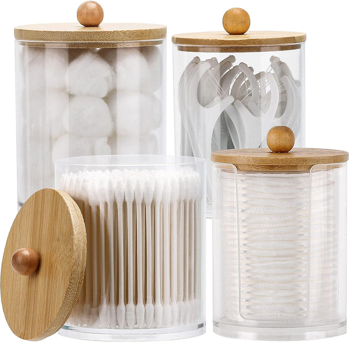 4 Pcs Qtip Holder Dispenser for Cotton Ball, Cotton Swab, Floss - 10 oz, 12 oz Clear Apothecary Jars with Bamboo Lids, Restroom Bathroom Organizers and Storage Containers