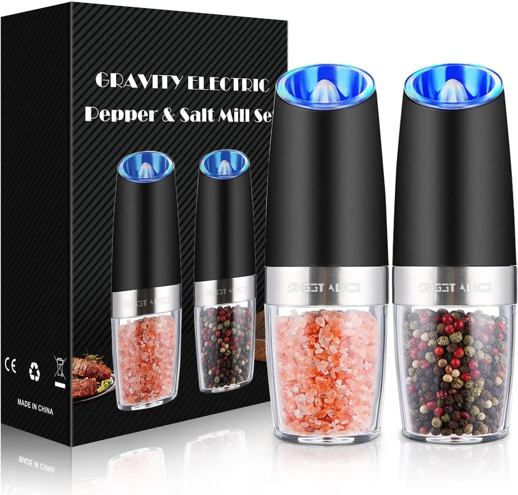 Electric Pepper and Salt Grinder Set, Adjustable Coarseness, Battery Powered with LED Light, One Hand Automatic Operation, Stainless Steel Black, 2 Pack