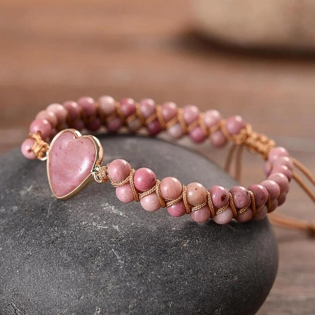 Rhodochrosite Heart Charm Women Girls Healing Handmade Braided Bracelet Gift