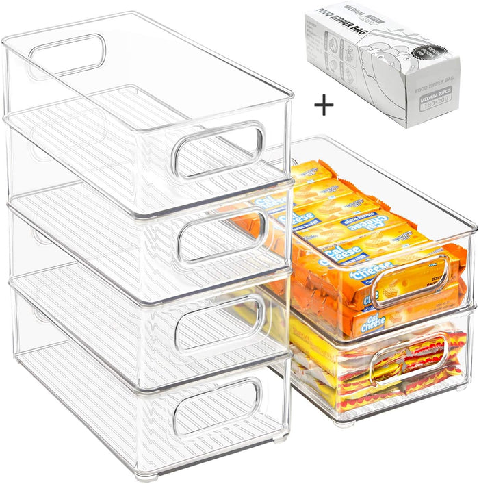 6 Pack Clear Kitchen Organizer Container Bins with Handles and 20 PCS Plastic Bags for Pantry, Cabinets