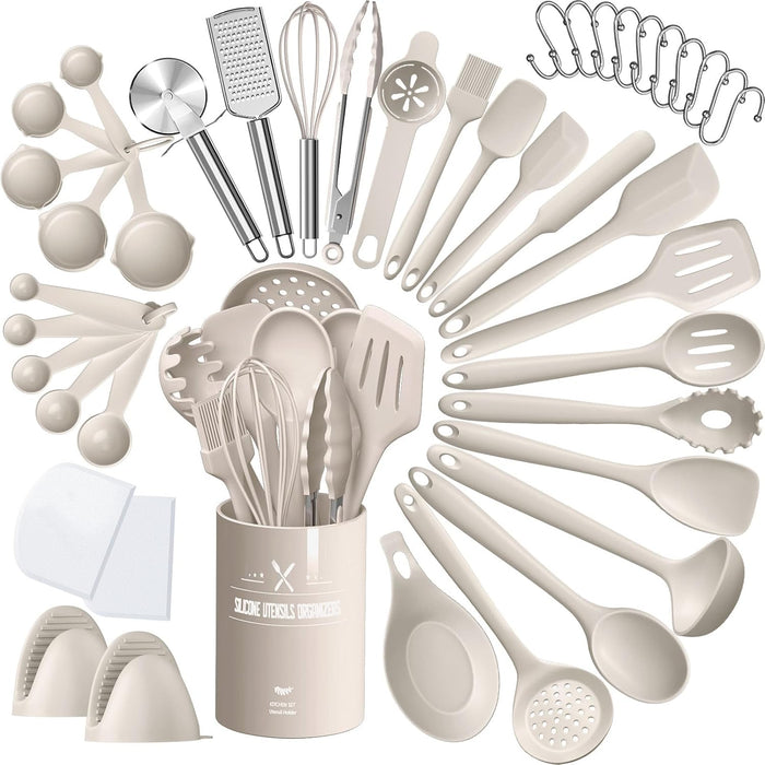 Silicone Kitchen Cooking Utensils Set, 43 Pcs Heat Resistant Khaki Cooking Utensils Set, Turner, Tongs, Spoon, Spatula, Kitchen Gadgets Tools Set