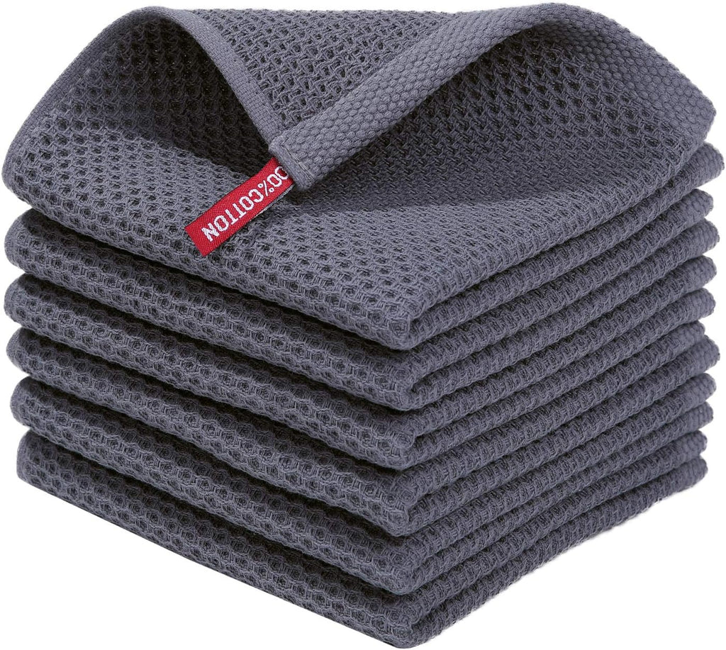 Cotton Waffle Weave Kitchen Dish Cloths, 12x12 Inches, 6-Pack, Dark Grey