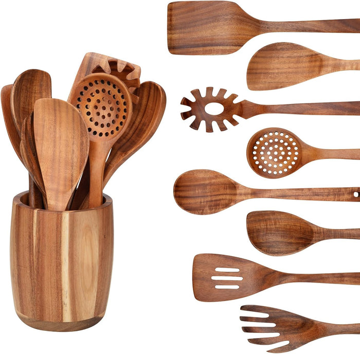 9 PCS Kitchen Utensils Set - Wooden Spoons for Cooking, Natural Teak Wooden Utensils - Includes Wooden Spoons