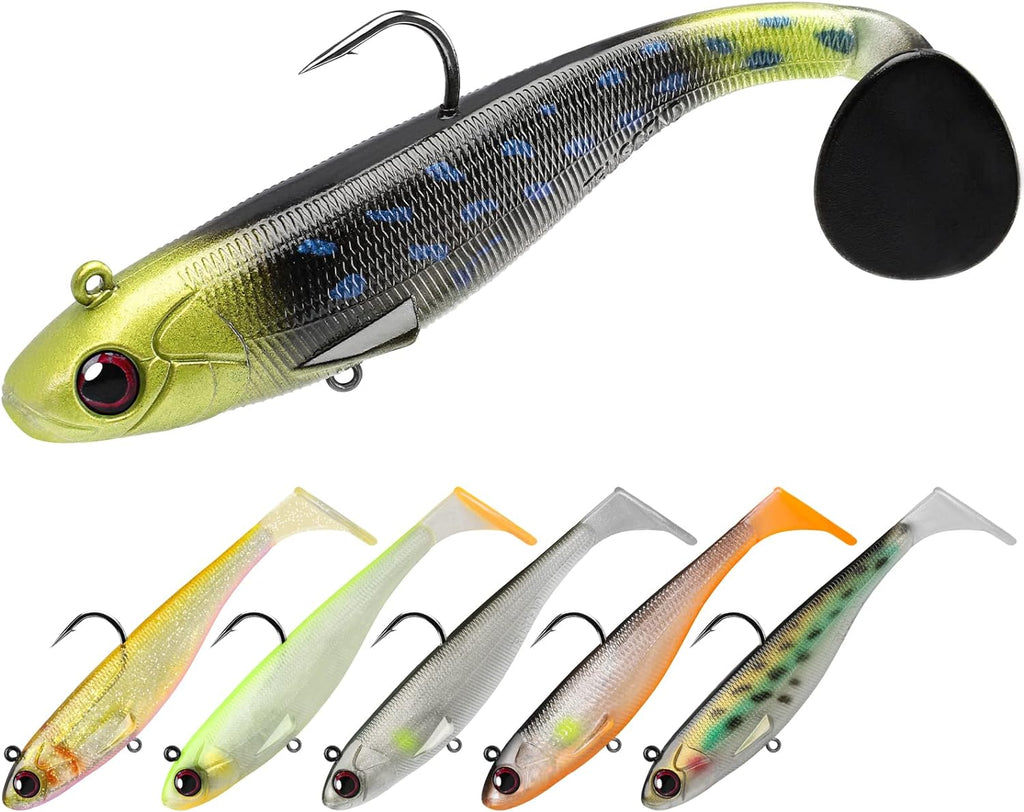 Pre-Rigged Jig Head Soft Fishing Lures, Paddle Tail Swimbaits for Bass Fishing (A3-4.7",1.06oz)