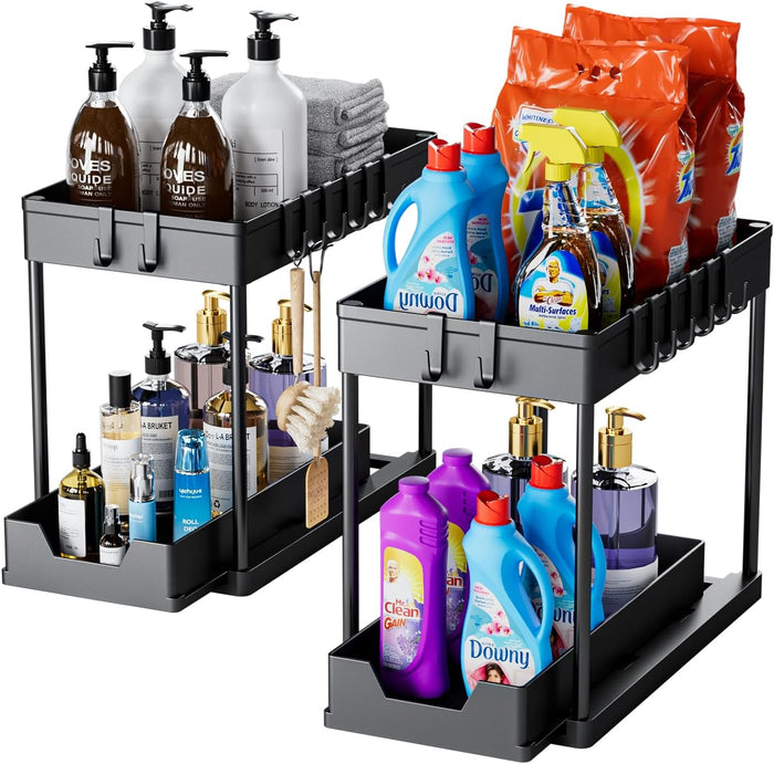 Under Sink Organizers and Storage 2 Pack - 2 Tier Sliding Bathroom Cabinet Organizer with Hooks