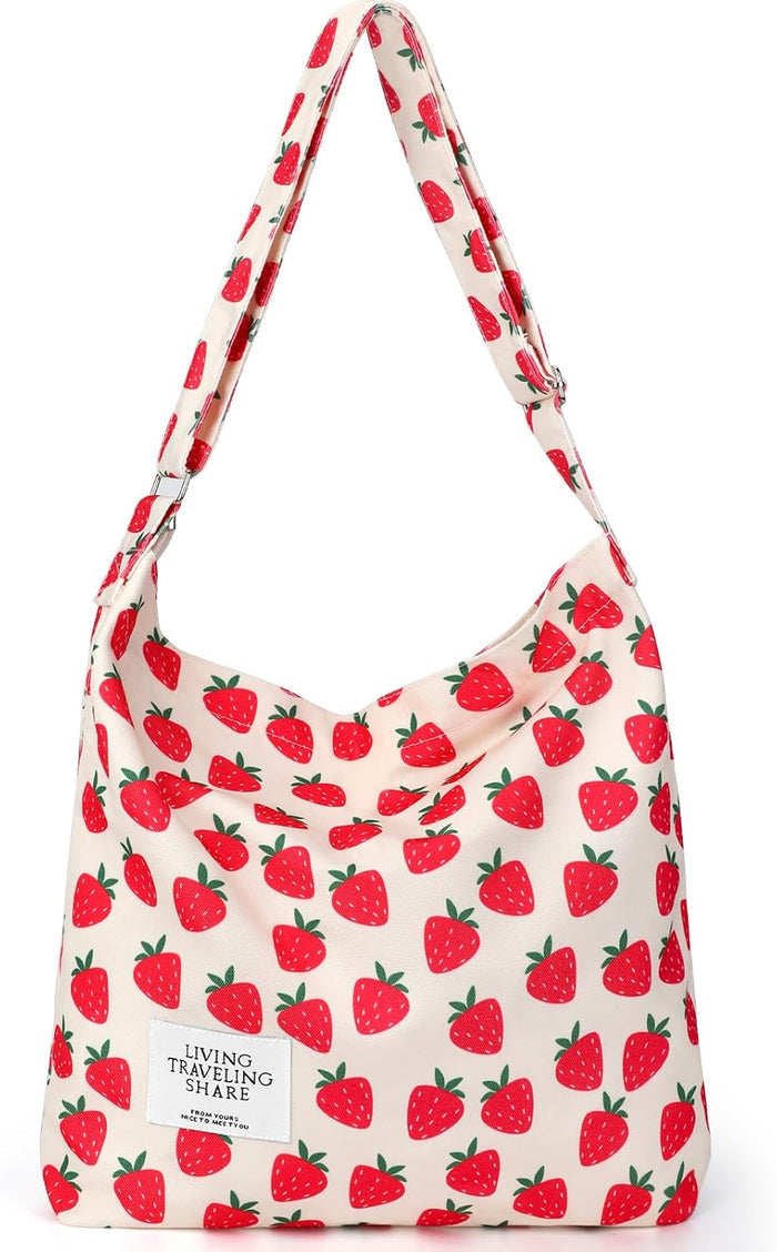 Canvas Tote Bag with External Pocket Design, Stylish Appearance, Adjustable Shoulder Strap, Strawberry Beige