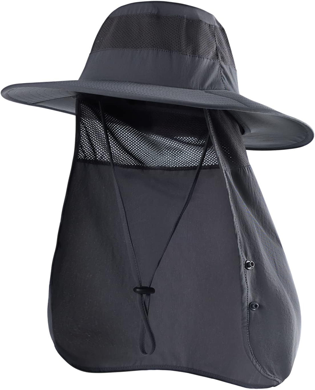 Fishing Hat for Men，Outdoor Sun Hat UPF50+ Mesh Wide Brim Fishing Hat with Neck Flap, Drak Grey