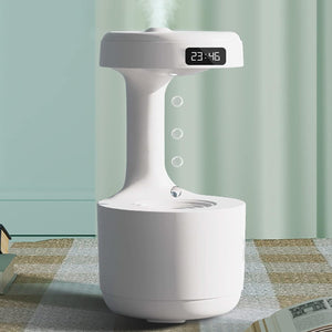 Anti Gravity Water Drop Humidifier, 800ml Fountain Humidifier Water Flows Back Visual (White with LED clock)