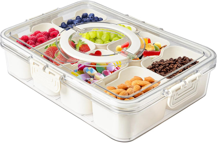 Divided Snackle Box with Handle Food Serving Tray Charcuterie Board with Lid Stackable Fruit&Veggie Container with 8 Small with Removable Boxes for Travel Snack Candy Nuts Spice