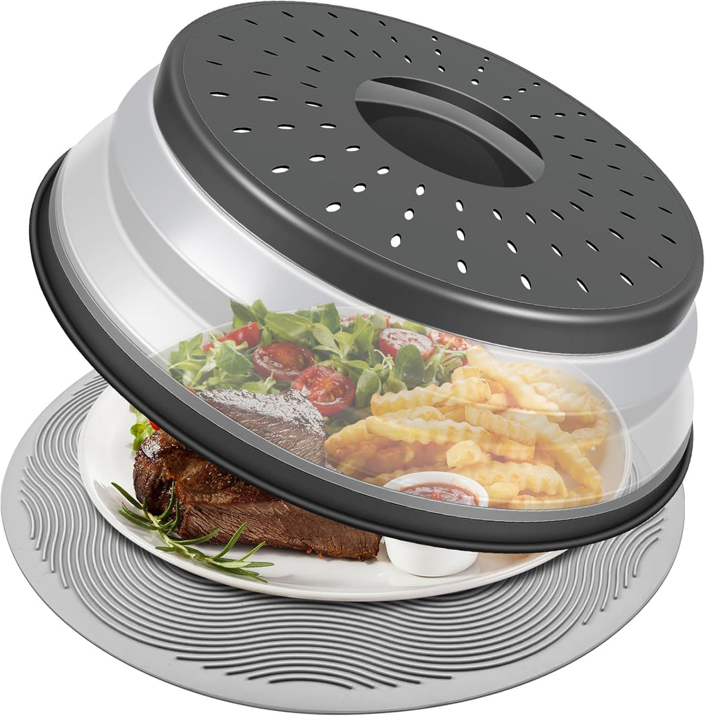 10 Inch Microwave Food Cover & Collapsible Silicone Mat - Splatter Guard, Plate Holder & Kitchen Colander for Meal Prep