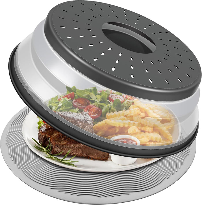 10 Inch Microwave Food Cover & Collapsible Silicone Mat - Splatter Guard, Plate Holder & Kitchen Colander for Meal Prep