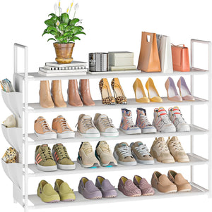 5 Tier Shoe Organizer, 33.3in Wide x 11.2in Deep x 35.6in Tall, Black Metal and Plastic Shoe Rack with Side Bag, White