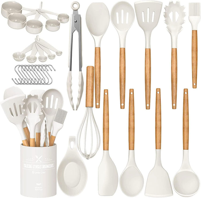 33 pcs Non-stick Silicone Cooking Kitchen Utensils Spatula Set with Holder, Wooden Handle Silicone Kitchen Gadgets Utensil Set (Cream White)