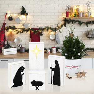 Wooden Nativity Scene with Shining Eternal Star, Black and White Christian Christmas Decorations