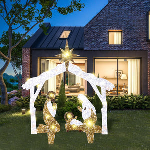 3Pcs Metal Holy Nativity Yard Sign with Stakes Lighted Outdoor Christmas Decorations