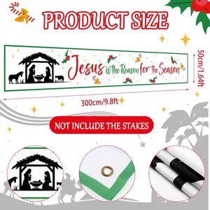 Nativity Christmas Sign Banner Jesus is the Reason for the Season Outdoor Christmas Decorations, 9.8 x 1.6 FT (Green, White)