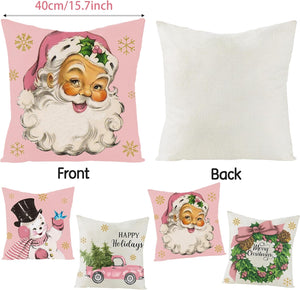 4Pcs Pink Santa Theme Party Christmas Decorations Pillow Covers, 16 x 16 inches