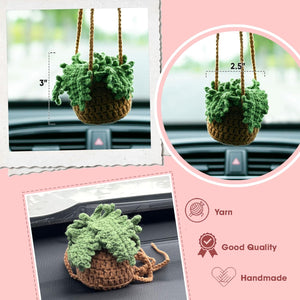 Succulent Handmade Crochet Car Ornament, Woven Rearview Hanging Charm, Green Flower