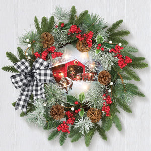 Lighted Covered Bridge Wreath with Checkered Bow Holiday Decoration