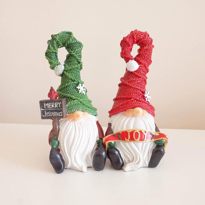 Set of 2 Christmas Garden Gnomes Outdoor Decor, 7 inch Polyresin Gnome Figurines Statue Sculptures