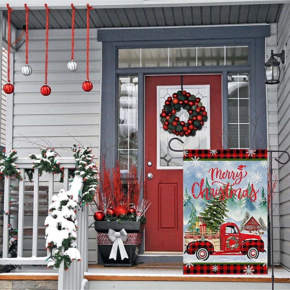 Red Truck Christmas Garden Flag 12x18 Inch Double Sided Yard Decor