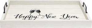 Champagne Toast Decorative Wood Serving Tray w/ Handles, 15.50" x 12", Light Gray Happy New Year